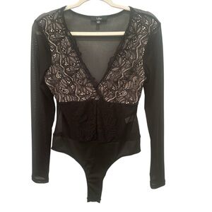 Lulu's Elegant Black Sheer Lace Bodysuit Boho Goth Sexy Party Festival Sz L